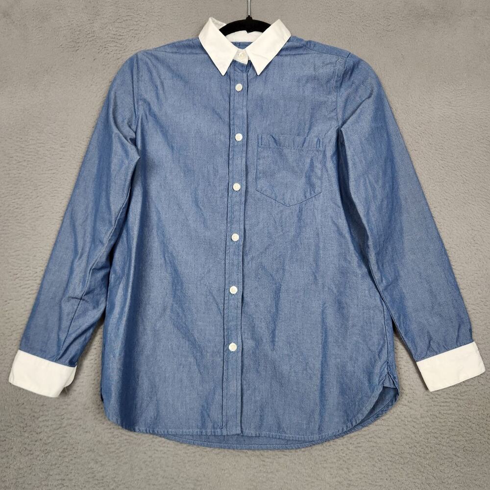 J.CREW Marie Marot Shirt Womens 0 Blue Chambray Contrast Collar Cuffs Button Up